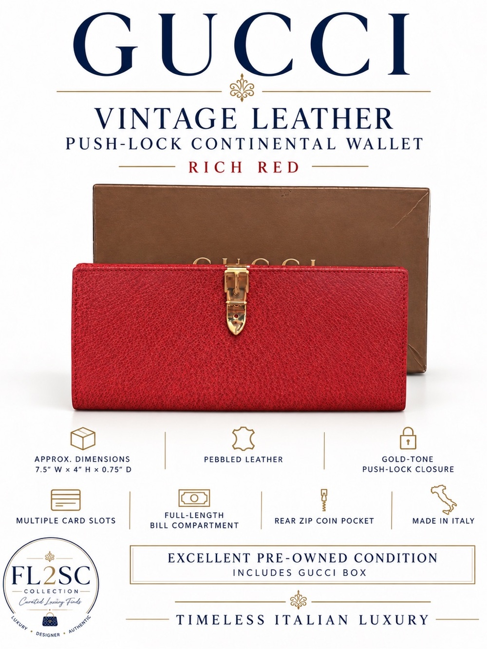 Gucci Red Pebbled Leather Push-Lock Continental Wallet with Gold Tone Hardware